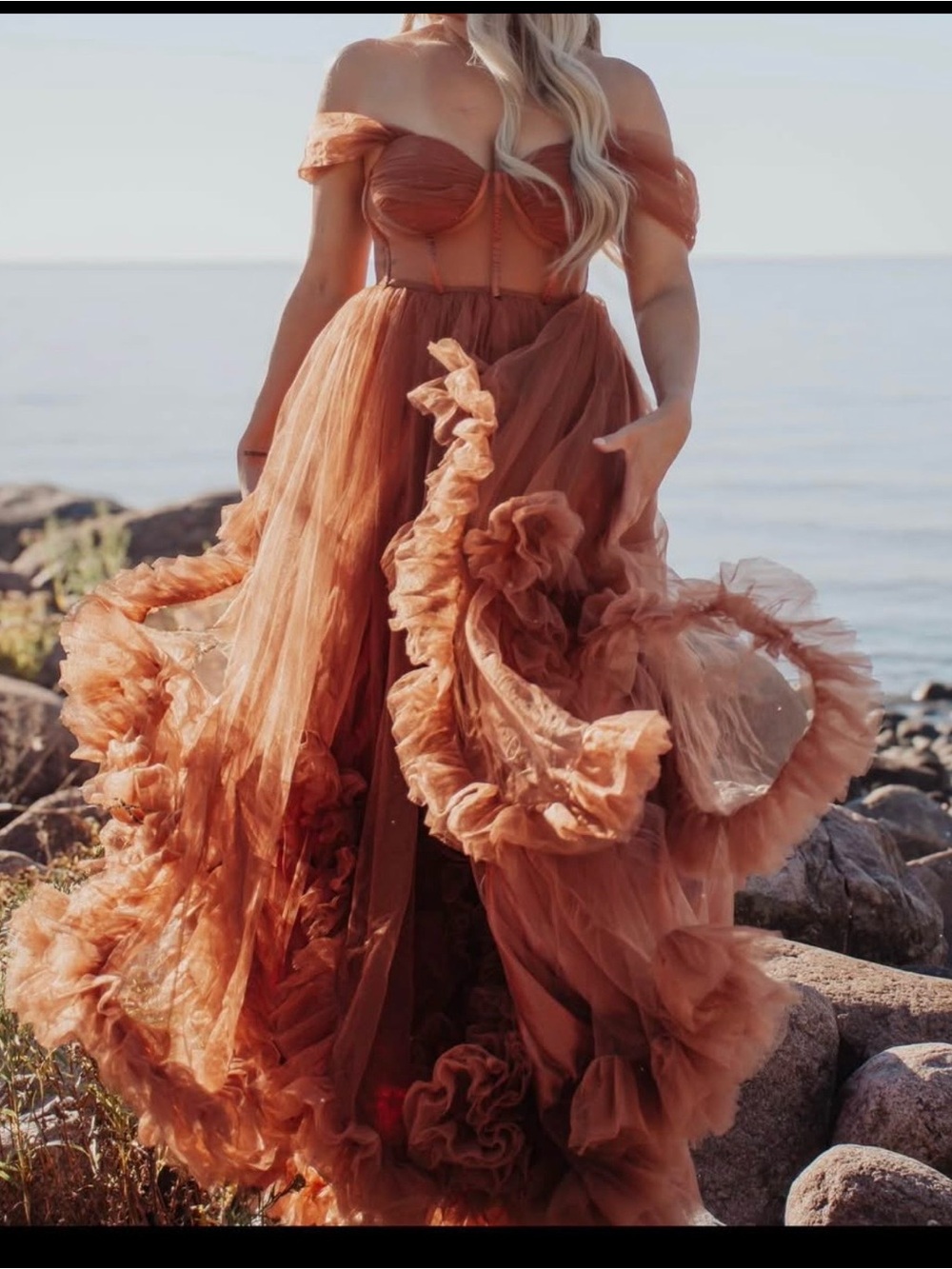 SHEIN Rust Ruffled Off-Shoulder Maxi Dress
